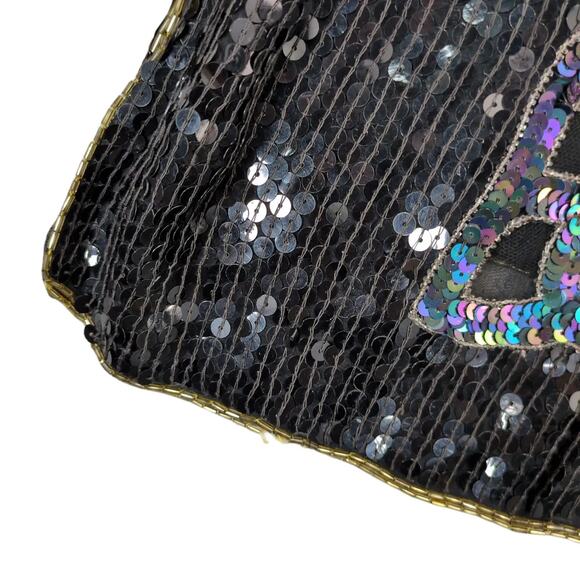 Vtg 80s Star Group Sz M 100% Silk Black Sequin Beaded Gold Rose Top Disco NYE - Picture 6 of 7